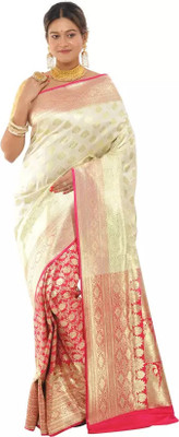 BongSaree Printed Banarasi Handloom Pure Silk Saree(White)