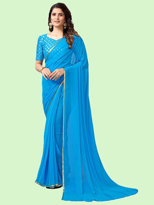 SainiVastra Solid/Plain Bollywood Chiffon Saree(Light Blue)