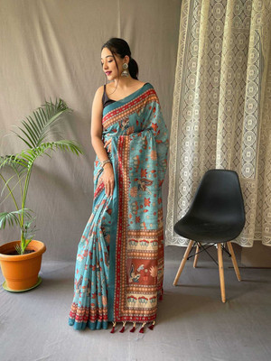 Divastri Printed Kalamkari Cotton Blend Saree(Blue)