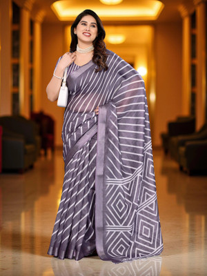 Myraani Printed Daily Wear Cotton Linen Saree(Purple)