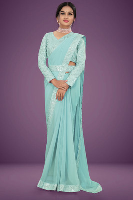 Silkra Solid/Plain, Self Design Bollywood Georgette, Silk Blend Saree(Light Blue)