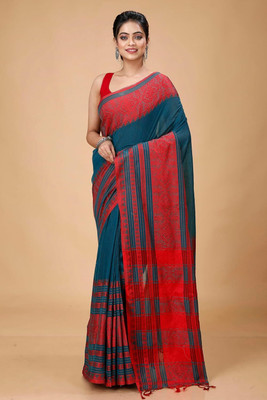 ADbutiq Color Block Tant Handloom Cotton Blend Saree(Blue, Red)