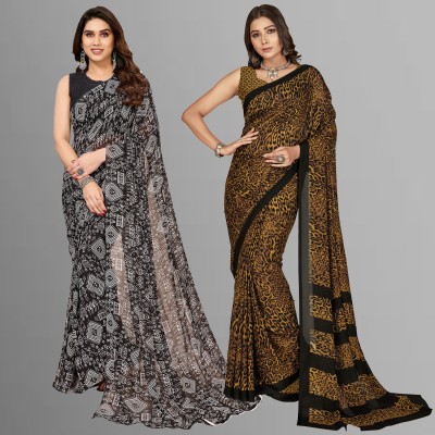 Anand Sarees Printed Bollywood Georgette Saree(Pack of 2, Yellow, Black)