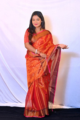 Ahana Textile Solid/Plain Handloom Cotton Silk Saree(Red)