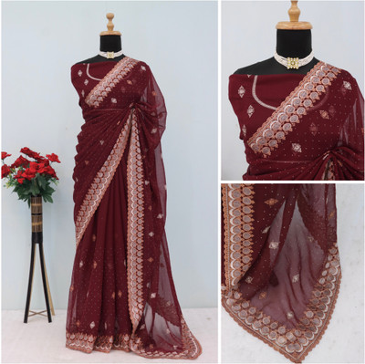 Mikhushop Embellished Bollywood Organza Saree(Maroon)
