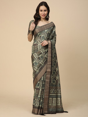 RATAN Printed Saree with Attached Blouse Art Silk Saree(Green)
