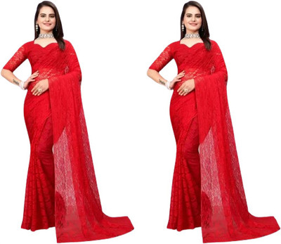 Vragi Self Design Bollywood Net Saree(Pack of 2, Red)