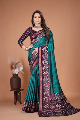 HouseOfCommon Floral Print Banarasi Cotton Silk Saree(Blue)