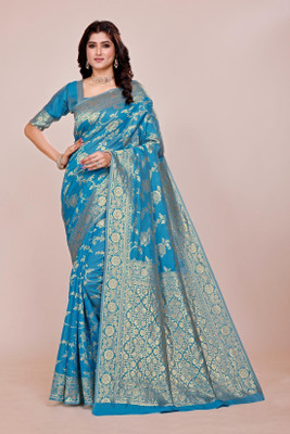 DHAYNAAND REEWA FASHION Floral Print, Woven Kalamkari Jacquard Saree(Light Blue)