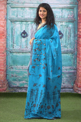 JAIPURI BLOCK PRINT Printed Daily Wear Pure Cotton Saree(Light Blue)