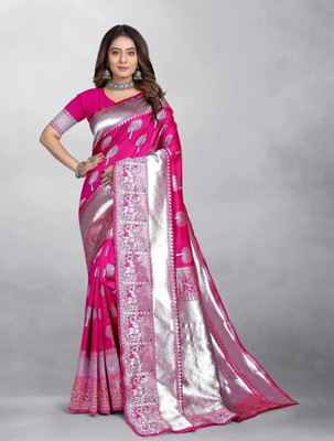 Om Creation Self Design Banarasi Polyester Saree(Pink)