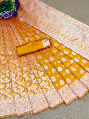 AAGIRI Self Design, Floral Print, Embellished, Woven, Applique Banarasi Jacquard, Art Silk Saree(Yellow)