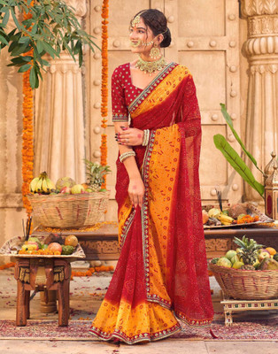 Samah Printed, Embroidered, Embellished Bandhani Georgette Saree(Yellow, Red)