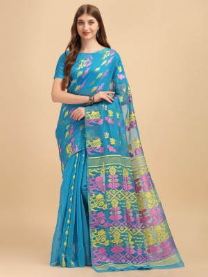 linza Self Design Jamdani Cotton Linen Saree(Light Blue)