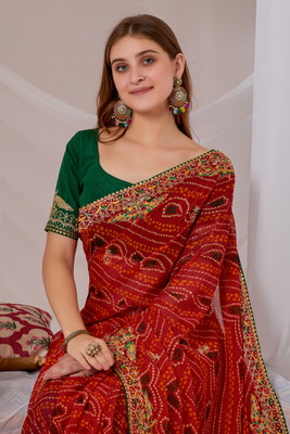 sareya veela Printed Bandhani Georgette Saree(Red)