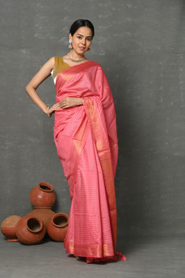 Very Much Indian Striped Handloom Viscose Rayon Saree(Pink)