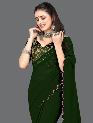 Brahmani Creation Solid/Plain Bollywood Net Saree(Green)