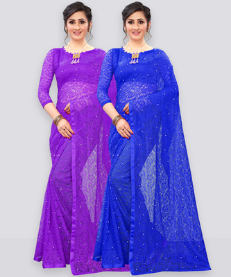 LOROFY Embellished Bollywood Net Saree(Pack of 2, Multicolor)