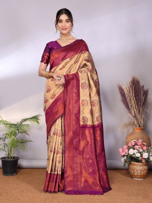 AVANTIKA FASHION Woven Kanjivaram Pure Silk, Art Silk Saree(Cream, Purple)