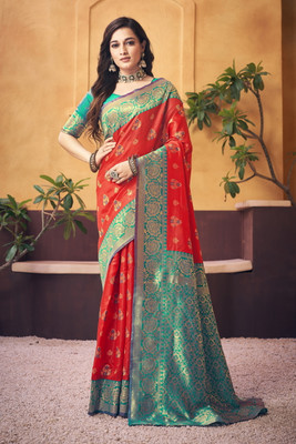 Sariya Woven Banarasi Jacquard, Silk Blend Saree(Red)