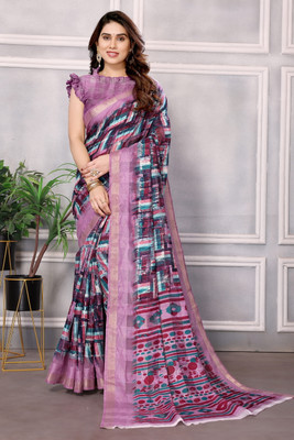 SARETRA MALL Printed Bollywood Cotton Linen Saree(Purple)
