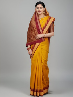 Sijileen Woven, Temple Border Sambalpuri Silk Blend Saree(Mustard)