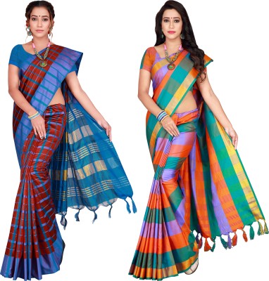 PRIYANSH CREATION Checkered Bollywood Cotton Silk Saree(Pack of 2, Multicolor)