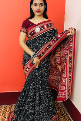 ARTFULTHREADS Printed, Graphic Print Sambalpuri Pure Cotton Saree(Black, Red, White)