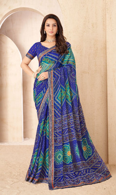 Swarne Printed Bandhani Chiffon Saree(Blue, Red)