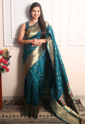 sarjan creation Woven Paithani Jacquard Saree(Blue)