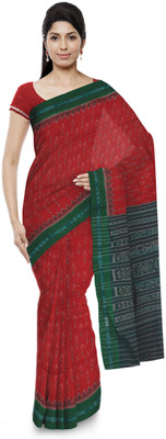 handloom paridhaan Printed, Striped Sambalpuri Pure Cotton Saree(Red)