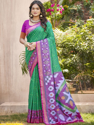 HouseOfCommon Printed Pochampally Cotton Silk Saree(Green)