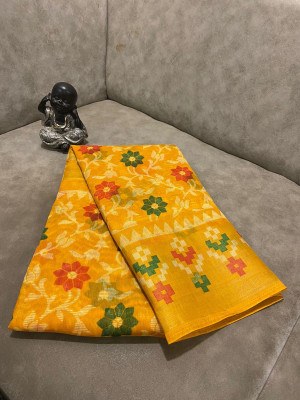 Hanvi Creation Floral Print Patola Cotton Blend Saree(Mustard)