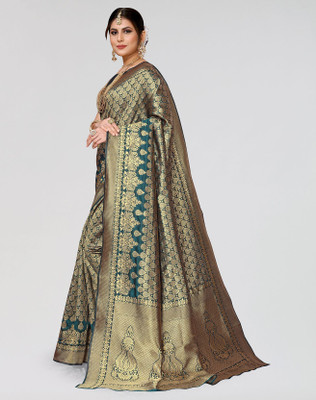 ANIRAV Self Design Banarasi Cotton Silk Saree(Blue)