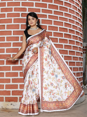 ANOUK Printed Saree with Attached Blouse Satin Saree(White)