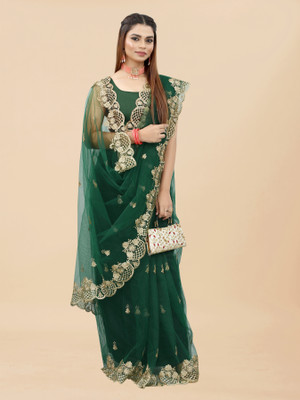YASHVI Embroidered Bollywood Net Saree(Dark Green)