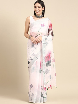 PRIYESHA TEXTILES Digital Print Bollywood Cotton Linen Saree(White)