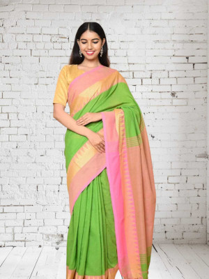 GOURAB HANDLOOM Self Design Handloom Cotton Blend Saree(Light Green)