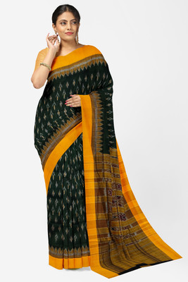 handloom paridhaan Temple Border, Hand Painted Handloom Pure Cotton Saree(Dark Green, Yellow)