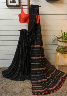 DEBNATH Striped Handloom Pure Cotton Saree(Black)