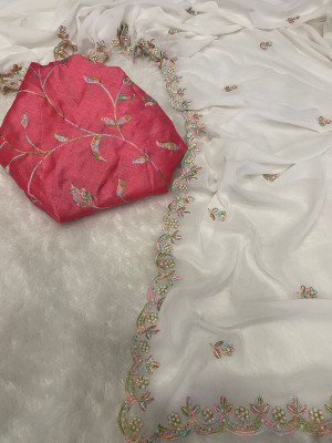 Mokoza Embroidered Daily Wear Georgette Saree(White)