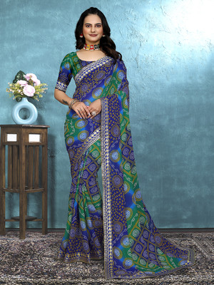 Kanooda Prints Printed Bollywood Georgette Saree(Blue)