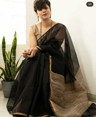 Moumitasaree Solid/Plain Tant Cotton Silk Saree(Black)