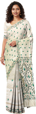 SHRISTI CLOTHINGS Embroidered Kantha Cotton Silk Saree(Cream)