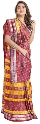 HouseOfCommon Printed Sambalpuri Handloom Pure Cotton Saree(Yellow, Maroon)