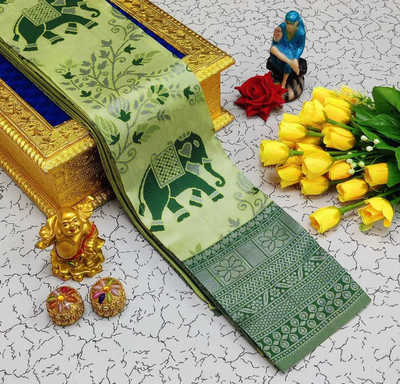 het designer studio Floral Print, Applique, Blocked Printed, Embroidered, Woven, Self Design Bollywood Georgette Saree(Light Green, Green)