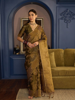 Vichitra Woven, Self Design Banarasi Tissue, Silk Blend Saree(Black)