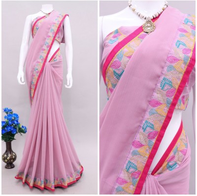 OMFASHIONCLUB Embroidered Bollywood Georgette Saree(Pink)