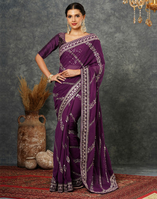 Satrani Embellished, Embroidered, Dyed Bollywood Georgette Saree(Purple)