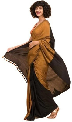 STRADHA Solid/Plain Daily Wear Cotton Blend Saree(Black, Gold)
